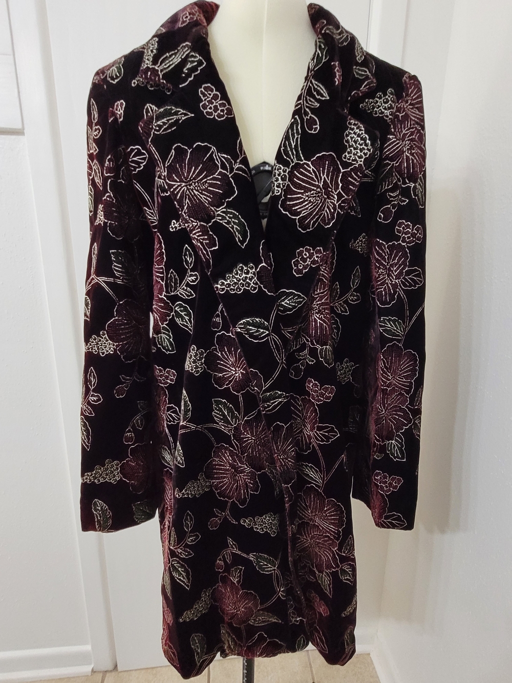Vintage Velvet Floral Longline Dress Coat - Burgundy Floral